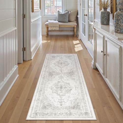 Runner Rug 2x6 Washable Light Gray Hallway Runner Vintage Boho Medallion Non Slip Grey Distressed Retro Carpet Indoor Low Pile Long Soft Rug for Kitchen Entryway Bedroom Bathroom Laundry