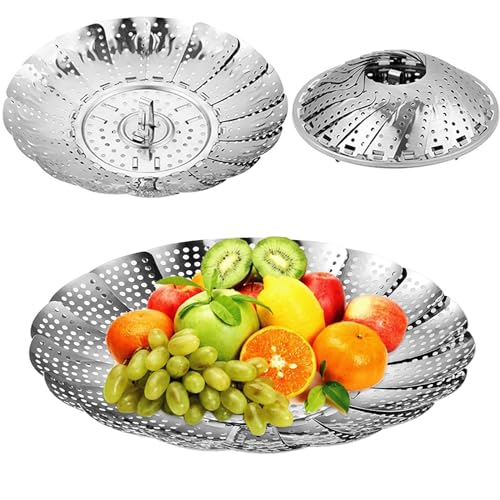 Qinsky Cestello per Cuocere a Vapore,2 PCS Cestino del Vapore Verdure Pieghevole Cucina Cestino a Vapore in Acciaio Inox Inserto del Vapore per Cucina dei Frutti di Mare Vegetali