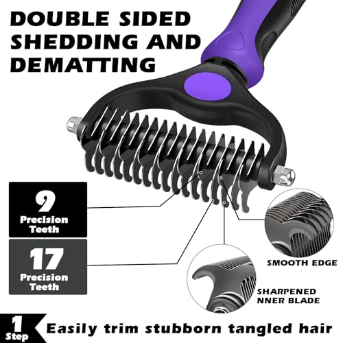 Image of Professional 3PCS Self Cleaning Slicker Brush & Pet Grooming Rake & Flea Comb for Dogs,Cats and Horses | Double-Sided Dematting Comb & Skin Friendly Deshedding Grooming Tool | Pet Supplies (Purple)