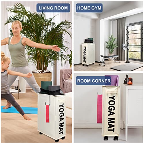 Alvade Yoga Mat Storage Basket, Yoga Mat Storage Racks Home Gym Storage Rack For Foam Roller,Yoga Mar And Resistance Bands, Workout Equipment Organizer On Wheels (White) #TOP5