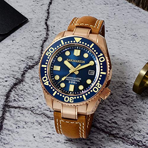 Preisvergleich Produktbild AGEGIERA Bronze Taucheruhr Business Classics Automatik Herren Mechanikuhren Leder 300m Wasserdicht Leuchtuhren Blau SW200
