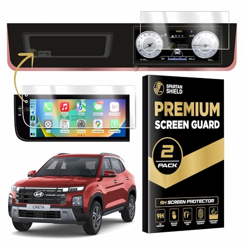 Image of Spartan Shield Screen Guard COMBO For HYUNDAI CRETA 2026 [2024 - Running] | 12.3-inch Android Aftermarket INFOTAINMENT + 10.25 INSTRUMENT CLUSTER Protector || Perfect Fit For CRETA E Base Model Display || Anti Scratch | Water Repellant | HD Clear | High Touch Sensitivity | With Complimentary Installation Kit | Bubble Free Application | Creta 2025 12inch Car TouchScreen Music System Accessories [Not Tempered Glass]