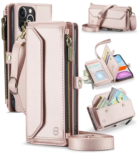 Strapurs Crossbody for iPhone 11 Pro Max Case Wallet?RFID Blocking?with 10-Card Holder Zipper Bills Slot, Soft PU Leather Magnetic Wrist Shoulder Strap for iPhone 11 Pro Max Wallet Case Women,RoseGold
