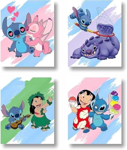 PurpleheARTs,Lilo and Stitch Watercolor Wall Art Poster Prints,Lilo and Stitch Wall Art,Set of 4 UNFRAMED ( 8''x10'' ),Posters for Girls Room,Girls Bedroom Decor,Posters for boys room