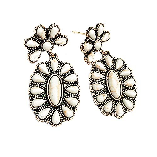 Vintage Boho Statement Drop Earrings Oval Imitate Turquoise Ethnic Charms Flower Dangle Earring For Women Girls Jewelry Gift (White) #TOP20
