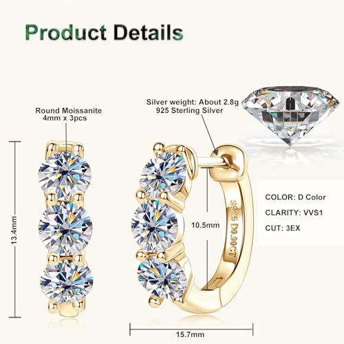 Moissanite Hoop Earrings, 1.2cttw D Color VVS1 Clarity 925 Sterling Silver 3 Stone Huggies Earring for Women and Men Birthday Wedding Jewelry Gifts2
