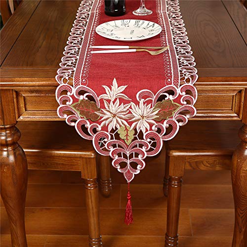 Chemin de table brodé rouge anti-plis décoration table Noël chic