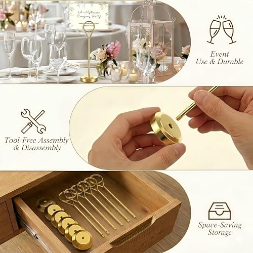 Radezon 16 Pcs Gold Table Number Holders, 6-Inch Stable Place Card Holders with Non-Slip Base, Metal Photo Stands for Wedding Table, Reception & Parties by Radezon - Image 4
