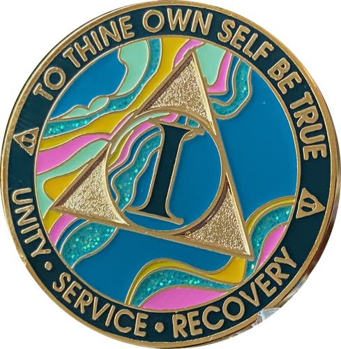 1 Year AA Medallion Elegant Marble Tahiti Teal Blue and Pink Gold Plated Chip