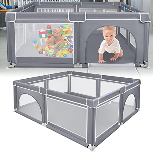 LZQ Parque infantil para bebé grande gris con ventosa estable, valla de juegos transparente y rejilla de protección estable y transpirable, parque de seguridad para niños (200 x 180 x 68 cm) Cover