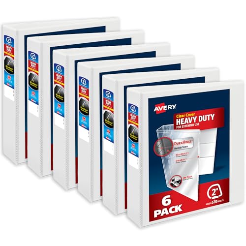 Image of Avery Heavy-Duty View 3 Ring Binders, 2 Inch One Touch Slant Rings, DuraHinge, 2.8 Inch Wide Spine, Customizable Clear Cover and Spine, White Binders (6-Pack of 79792)
