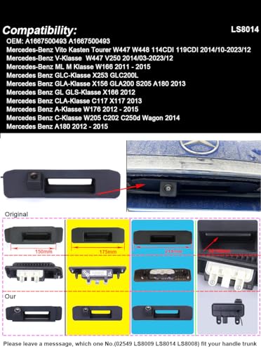 Image of Rear View Back up Parking car Camera for Mercedes Benz A C GL GLA GLC ML M V Class Vito Kasten Tourer W447 W448 114CDI 119CDI V250 W166 X253 X156 GLA200 S205 A180 X166 C117 X117 W176 W205 C202 C250d
