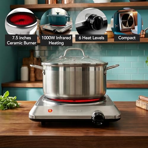 Image of OVENTE Countertop Infrared Single Burner, 1000W Electric Hot Plate w / 7.5 inch Ceramic Glass Cooktop, 6 Level Temperature Setting & Easy to Clean Base, Compact Stove for Home Dorm Office, Silver BGI201S