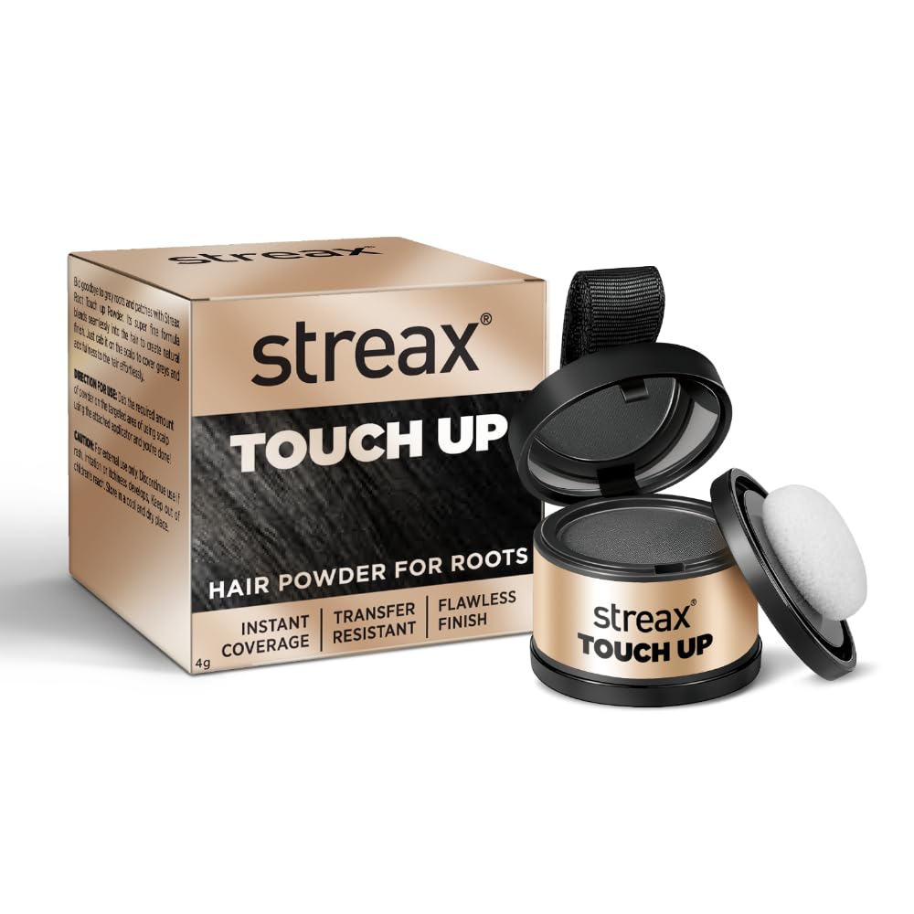 Streax Hair Root Touch Up for Grey Hair, Black – 4gm | Root Cover Up Hair Powder I Covers Grey Hair & Bald Patches | Instant Hair Colour Touch Up, Root Concealer for Natural Black Hair