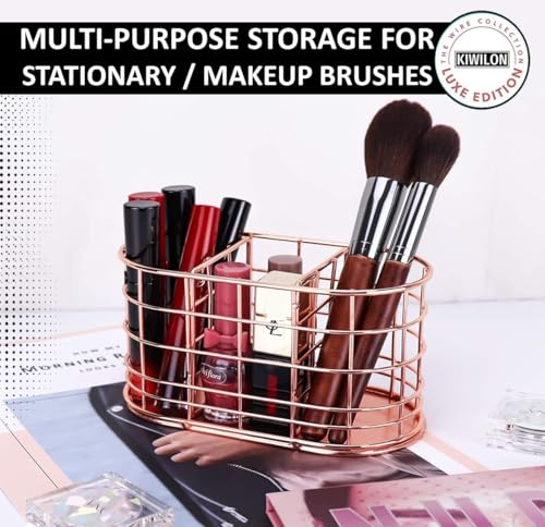 Image of 3 Compartment Desk Organizer | Multipurpose Metal Stationery Holder & Makeup Brush Stand | Electroplated Iron Storage Basket for Office & Vanity (Rose Gold)