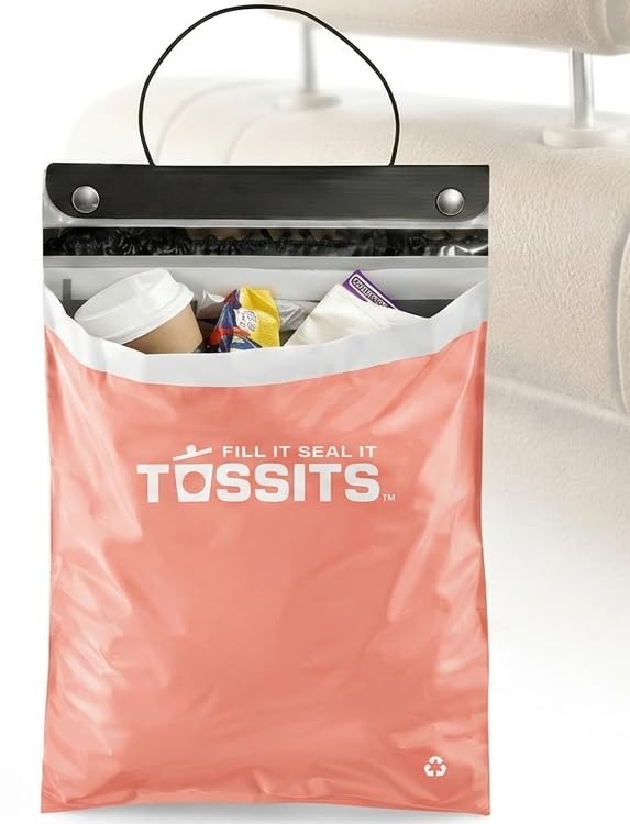 Tossits Disposable Car Trash Bag Hanging (Pink Set of 7) - Leak-Proof Smell-Proof Automobile Trash Container Eco-Friendly Thick Large 12x15 Car Trash Bin with Sturdy Header Board