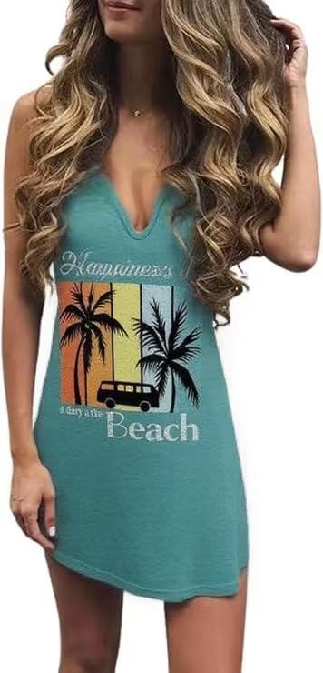 Image of Live Simple Coconut Tree Sleeveless Dress Sunshine Sand Beach Women's Summer Casual V Neck Mini Dress