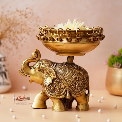Image of eCraftIndia Golden Brass Urli on Elephant Statue with Bells| Urli for Floating Flowers Decorative Showpiece Brass for Home Decor Office | Diwali Decoration Items | Gift for Housewarming Birthday