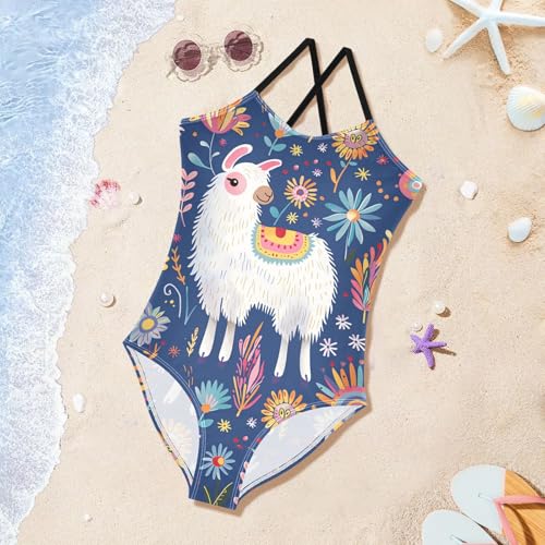 Girls Swimwear Summer one Piece Swimsuit Cute Llama Animal Flower Bathing Suit with Adjustable Straps 3-10 Years2
