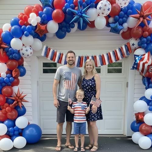 Image of Patriotic balloons Red White and Blue balloon garland arch kit with star print and flag star mylar balloon Tissue Paper Tassels Banner for 4th of july independent day Veteran Day party decorations