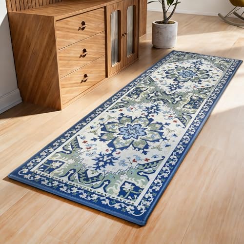 AREDO Runner Rug with Non Slip Rubber Backing 2' * 6', Washable Soft Floor Carpet for Kitchen, Hallway, Entryway Indoor, Bedroom, Laundry, Low Pile Area Rugs, Geometric Floral, Blue Pattern