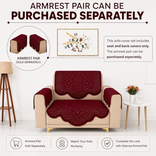 Image of Homerz Premium 'Surya Series' Sofa Cover | Stylish Sofa Protector | Net Fabric | Anti-Stain & Washable Slip Cover Exact Size Antislip (Flower Valley Maroon, 1 Seater, Seat Cover with Backrest)