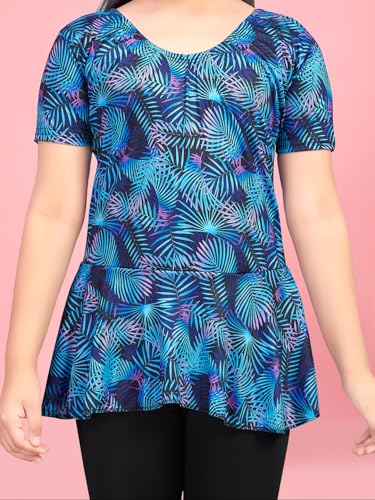 Image of Aarika Girls Sports Wear Blue Colour Leaf Print Nylon Swim Suit