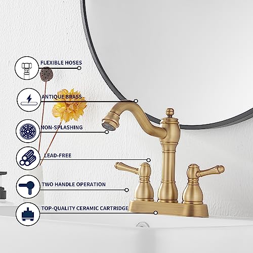 GGStudy Antique Brass Bathroom Faucet 2 Handles 4 Inches Centerset RV Bathroom Vanity Faucet with Drain Assembly and Supply Hose Lavatory Faucet thumbnail 6