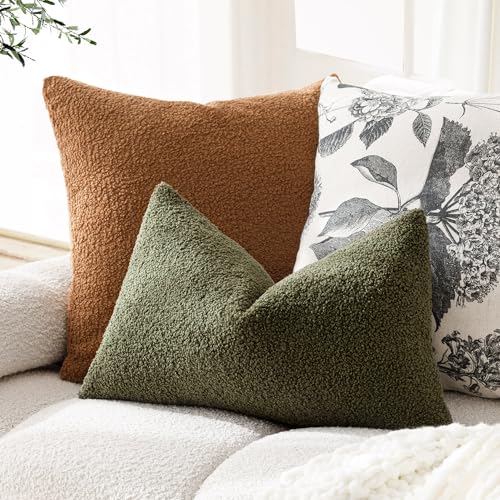 Image of Foindtower Pack of 2, Curly Faux Fur Decorative Throw Pillow Covers Soft Plush Cushion Case with Zipper Cozy Boho Lumbar Pillowcase for Home Living Room Couch Bed Sofa 12 x 20 Inch, Moss Green