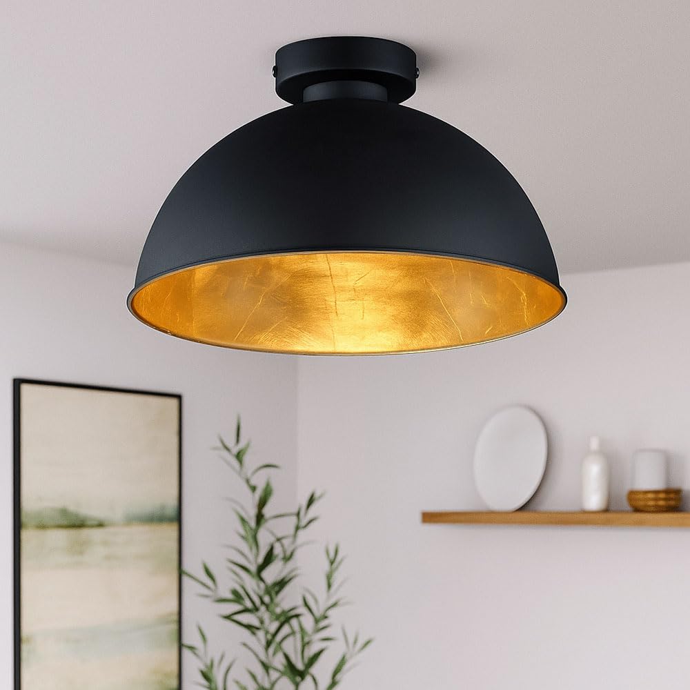Reality Leuchten Deckenleuchte Jimmy, 1 x E27 ohne Leuchtmittel, Durchmesser 31 cm, Außen schwarz, Innen goldfarbig, R60121002
