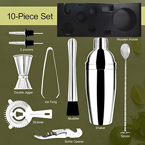 PentaQ Cocktail Shaker Set Bartender Kit with Wooden Stand 10 Pieces Stainless Steel Bar Set for Drink Mixing Bartending Tools for Home Bars, Parties and Drink Making
