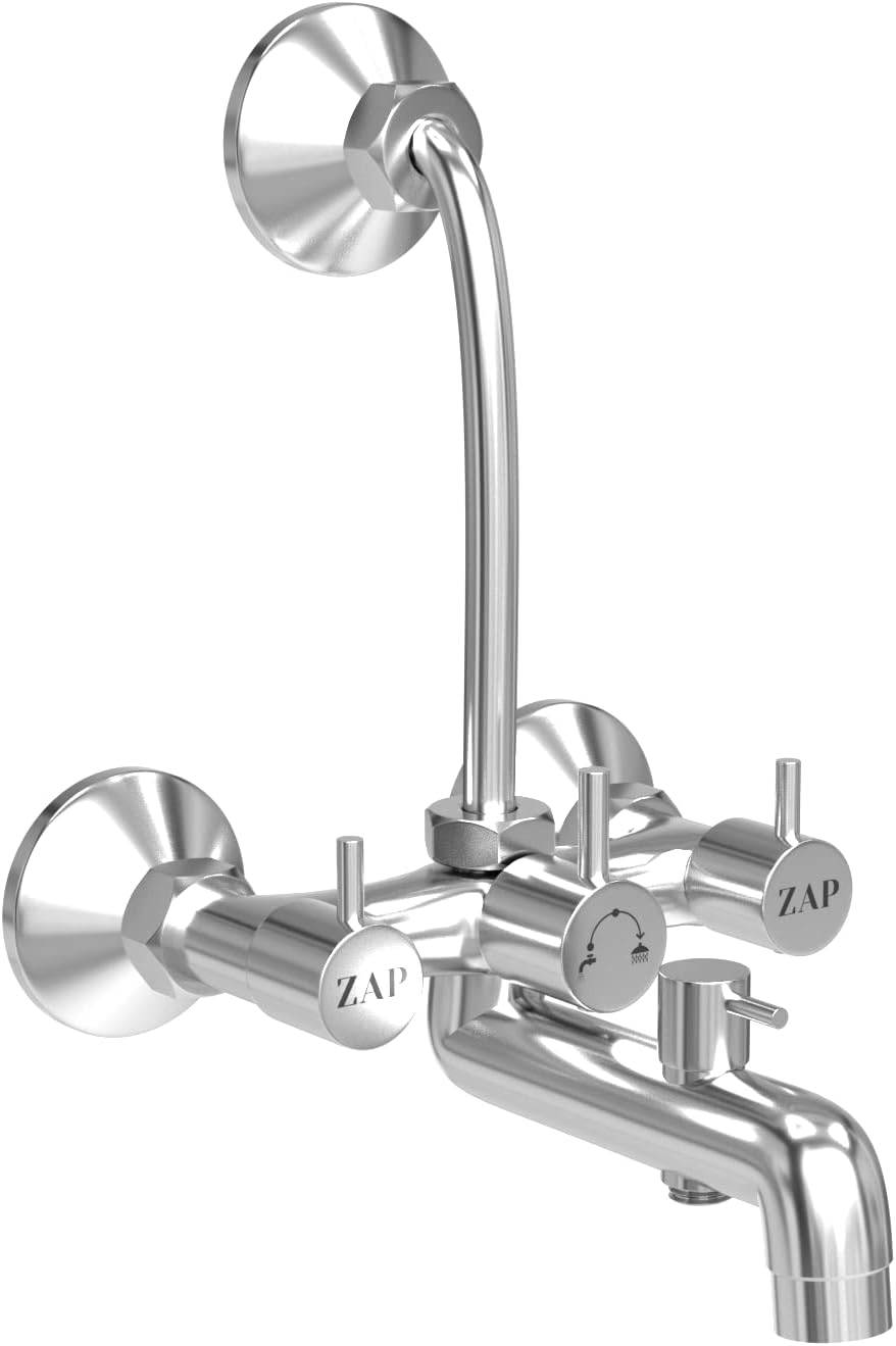 ZAP Elixir Series 100% High Grade Brass 3 in 1 Wall Mixer With Provision For Over Head Shower and 125mm Long Bend Pipe (Chrome)