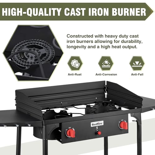Image of Bestfire 150,000 BTU 2 Burner Propane Camping Stove with Auto Ignition, Windpanel, Portable Outdoor Gas Cooker with Removable Legs, Side Shelves for Camping, BBQ