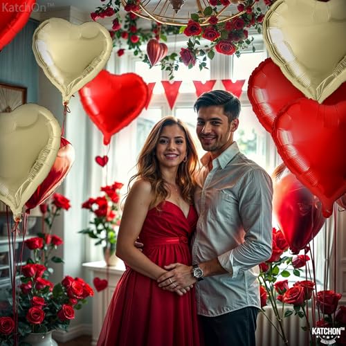 Image of KatchOn, Red and Gold Heart Balloons, 12 Pack, 18 Inch, Foil /Mylar, Helium Supported, Valentine's Day, Adult, Unisex, Love, Balloons