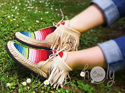 Hand Stitched Beige Leather Serape Moccasin Boots