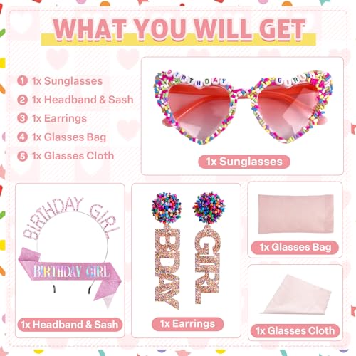 Birthday Sunglasses with Crown, Sash & Earrings, Glasses Headband for Women, Birthday Gifts Accessories Outfits Pink Decorations Party Favors2