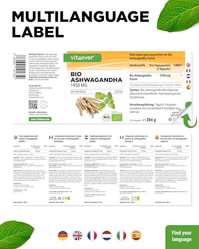 Foto von vit4ever Bio Ashwagandha - 365 Kapseln - Bio-Wurzelpulver aus Indien