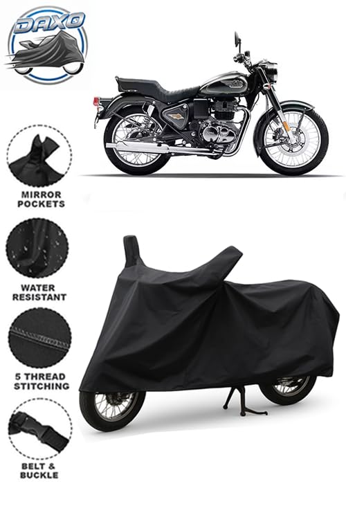 Image of DAXO Waterproof Bike Cover for Royal Enfield Bullet 350 | All Weather Protection from Rain, Dust, Heat & Scratches with Mirror Pockets & Buckle Belt | Bullet 350 Bike Cover | Black