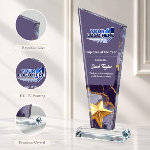 Image of Custom Crystal Trophy Award Personalized Plaque Award with Text Logo Photo Awards Trophies for Employee Recognition Team Graduation Personalized Office Gifts for Boss Coworker Teacher