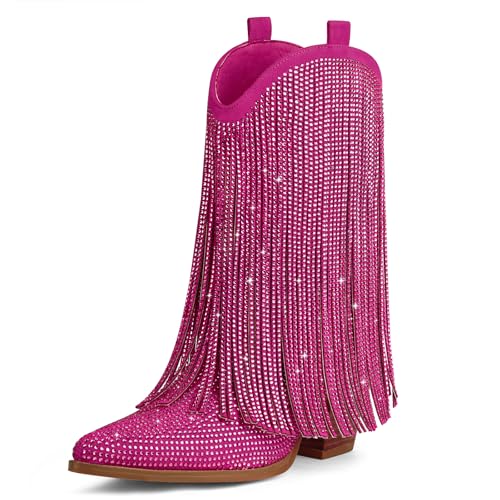 Image of Cowboy Boots for Women - Cowgirl Western Rhinestone Sparkly Fringe Chunky Heel Pointed Toe Mid Calf Boots