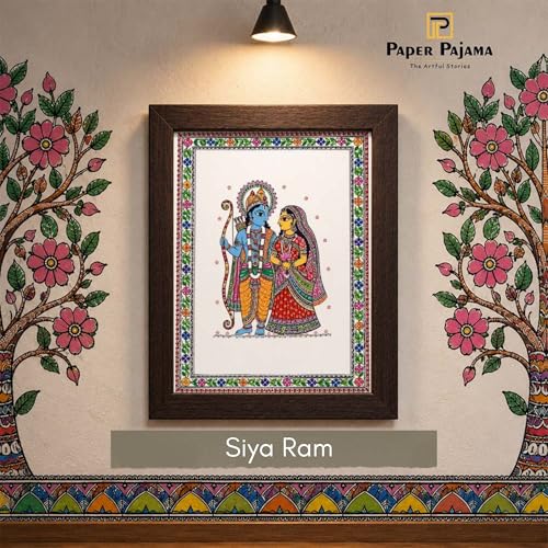 Image of PAPER PAJAMA Sita Ram Wall Art for Living Room | Madhubani Painting of Lord Rama & Goddess Sita | Traditional Indian Folk Art Framed Decor for Home, Office & Pooja Room (10x13 Inches)