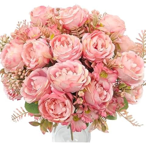 Mutcolor 4 Bunches Pink Peony Artificial Flowers Silk Faux Peonies with Daisy Fake Bouquets for Home Indoor Vase Outdoors Table Centerpiece Floral Arrangement Wedding Decoration Cover