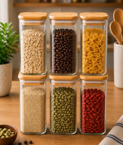 Image of 1500ML Airtight Square Glass Storage Jar with Bamboo Lid & Silicone Seal, Borosilicate Container for Rice, Dal & Dry Fruits | Transparent Stackable Multipurpose Pantry Organizer (Pack of 6)