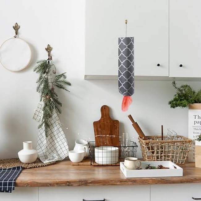 1pcs Plastic Bag Holder, Free Adjustment Washable Grocery Bag Holder for Bags with Drawstring, Reusable Grey Lantern Wall Mount Plastic Bags Organizer for Home Kitchen Travelling