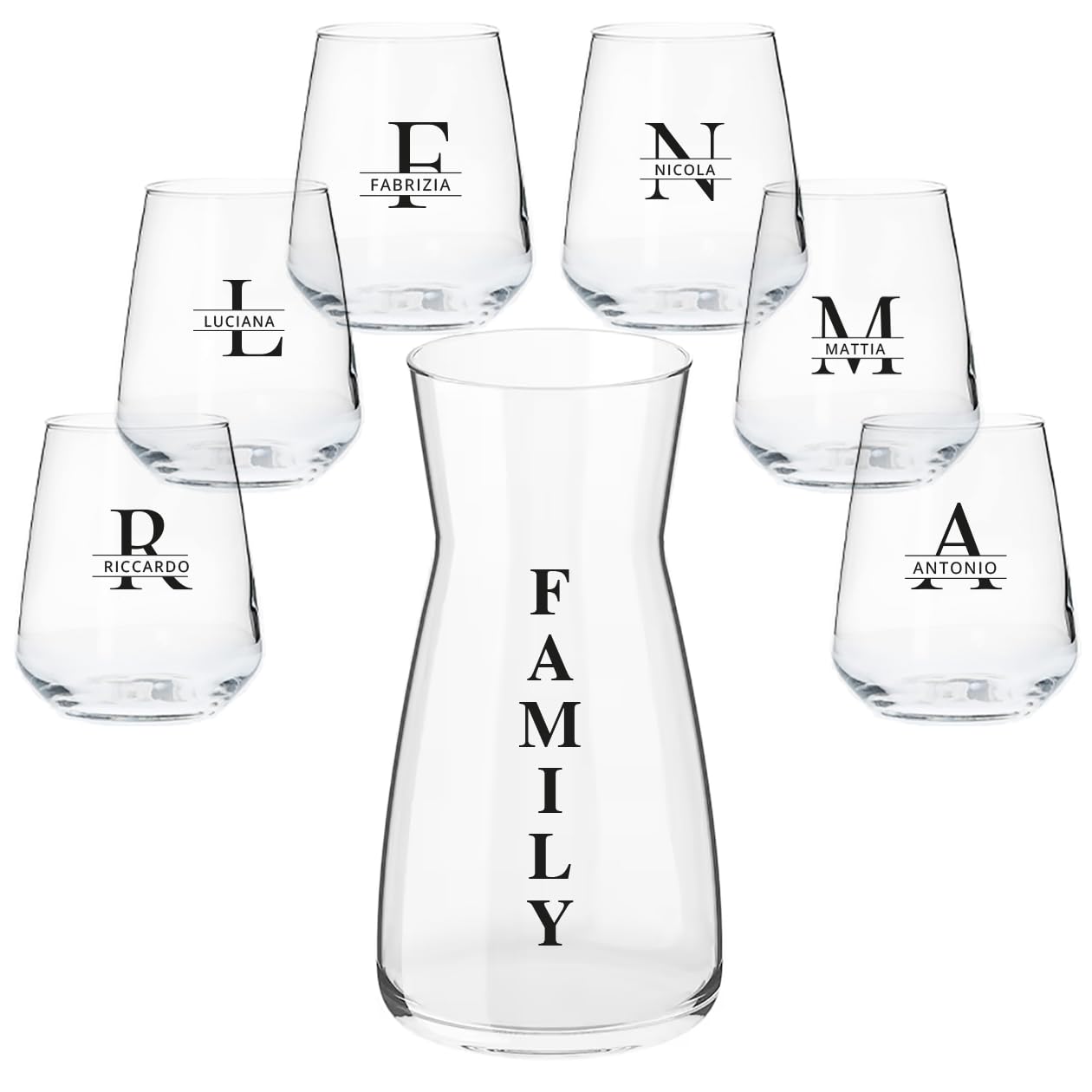 "Family" Set Caraffa e 6 Bicchieri Personalizzati con Nomi e Iniziali Adatti ad Acqua Vino Birra Tutte le Bevande Idea Regalo Casa Cena Pranzo Feste Famiglia Natale Compleanno Decorazioni