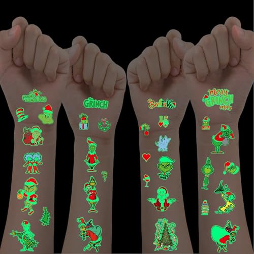 ROMANVIC Tatuajes de Navidad para Grinch, 10 hojas, luminosos