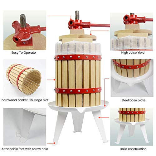 Image of 4.75 Gallon Fruit Wine Press with 2 Pack Filter Bag - 100% Nature Apple&Grape&Berries Crusher Manual Juice Maker for Kitchen, Solid Wood Basket with 8 Blocks Heavy Duty Cider Wine Making Press