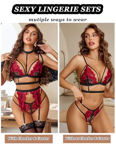 Avidlove Lace Garter Lingerie Set with Removable Choker Teddy Babydoll Strappy Bra and Panty Set (No Stockings)3