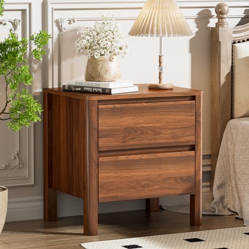Image of Furniway Mid Century Walnut Nightstand with 2 Drawers