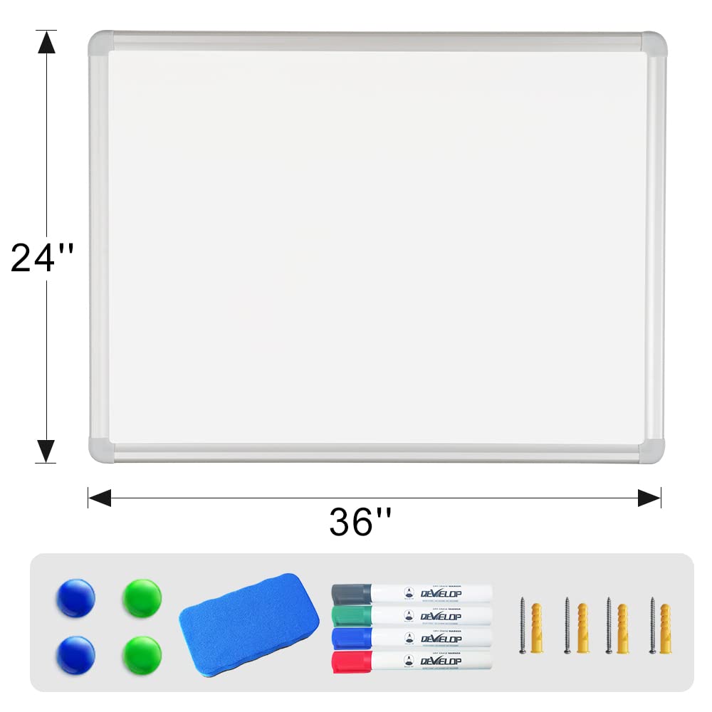 DEVELOP Magnetic Dry Erase White Board, 36 x 24 Inch, Silver Aluminium Framed Wall Hanging Whiteboard, Lightweight Writing Boards with Detachable Marker Tray- ACCESSORIES NOT INCLUDED